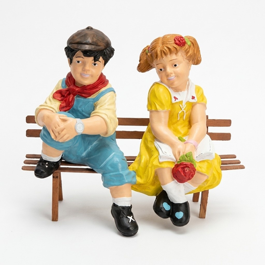 Gloss decor figure designed as a boy & girl sitting on a wooden bench 77x70cm