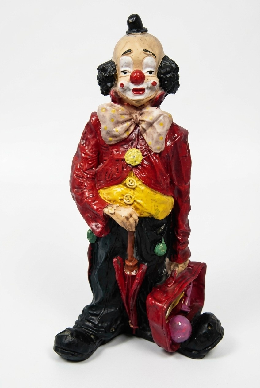 Original red colored decor figure designed as a standing clown with a umbrella