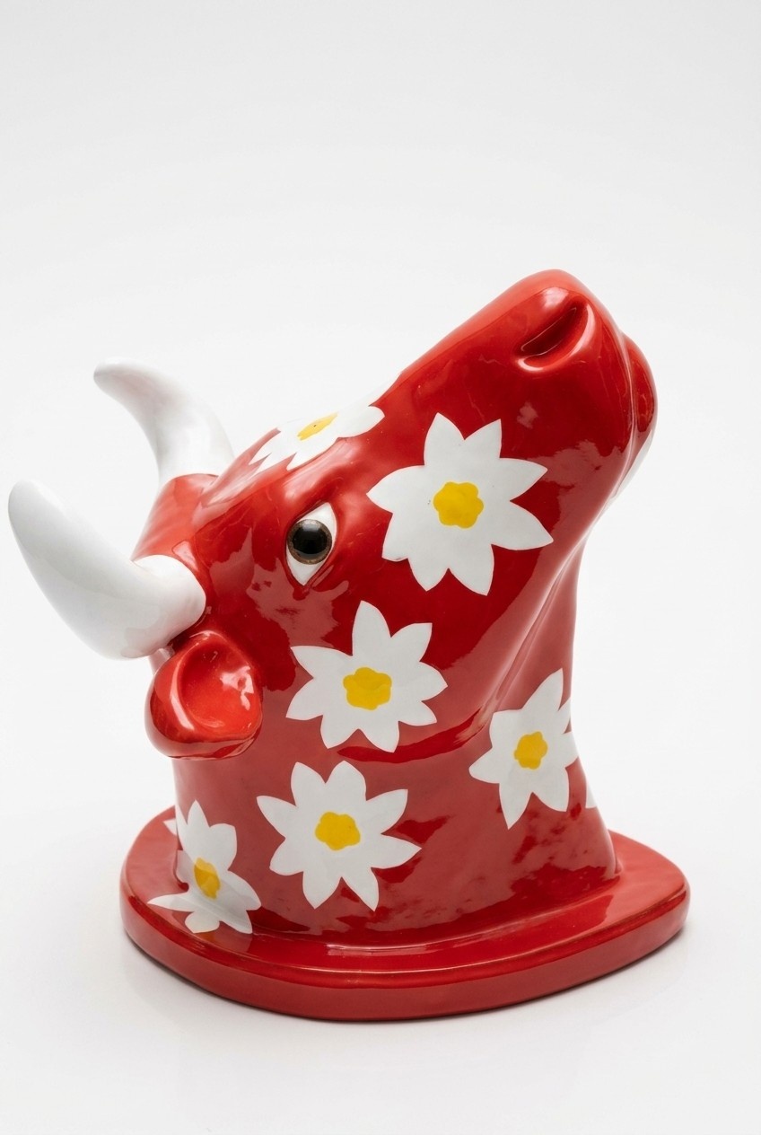 Decorative sculpture designed as gloss red colored cow head with flowers 75cm height