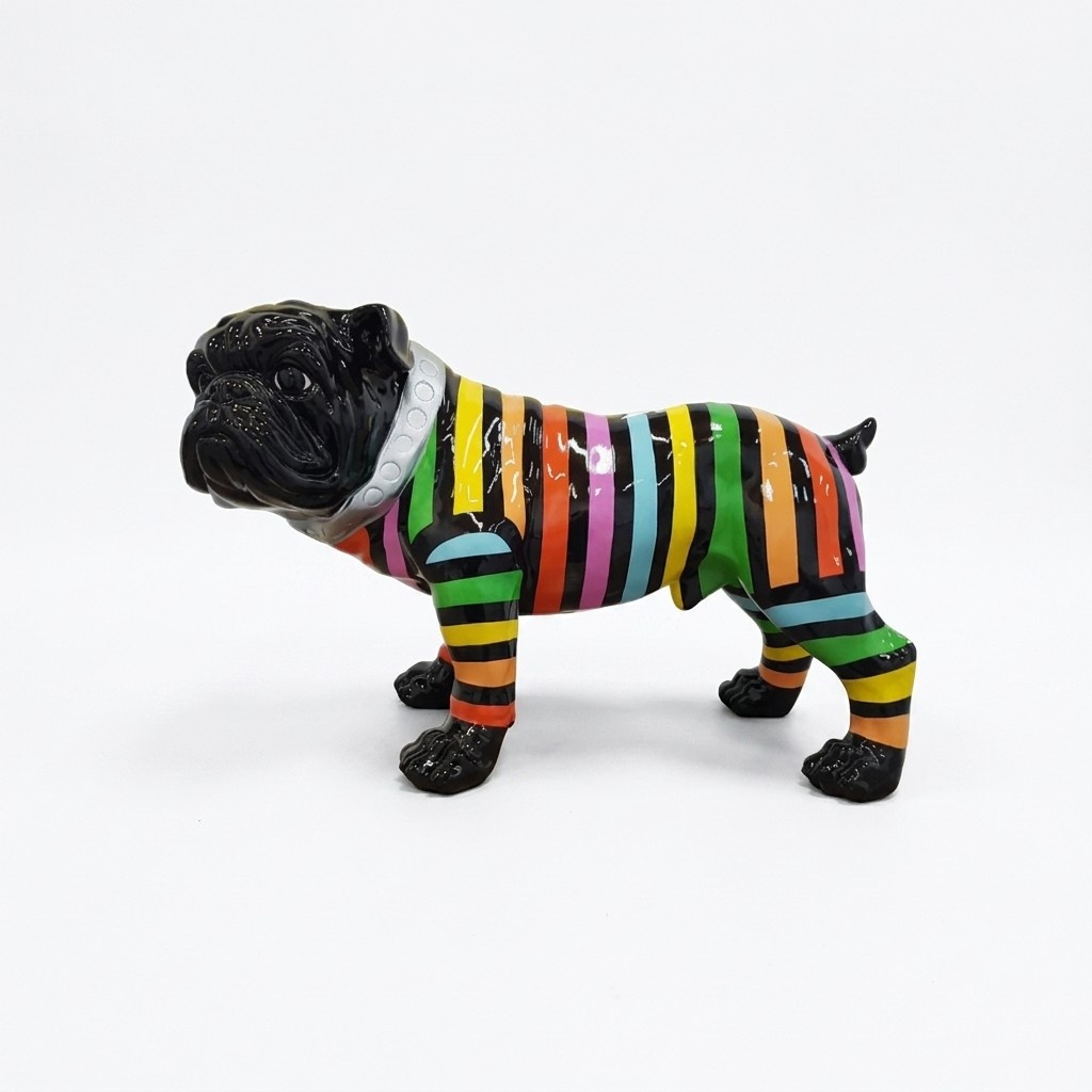 Decorative sculpture designed as a gloss dog with black colored head & colorful stripes of body 40 x 59 cm