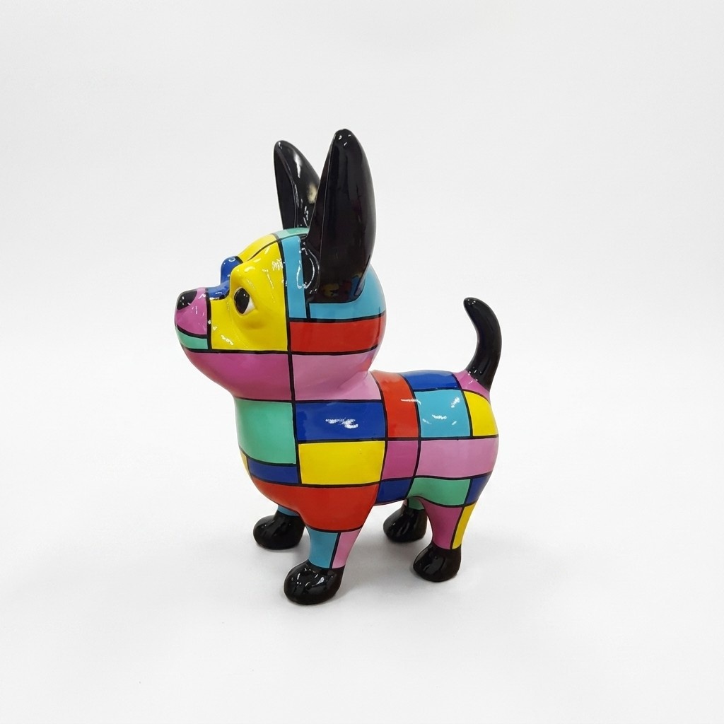 Decorative sculpture designed as a gloss puppy in colorful rectangular patterns 55cm