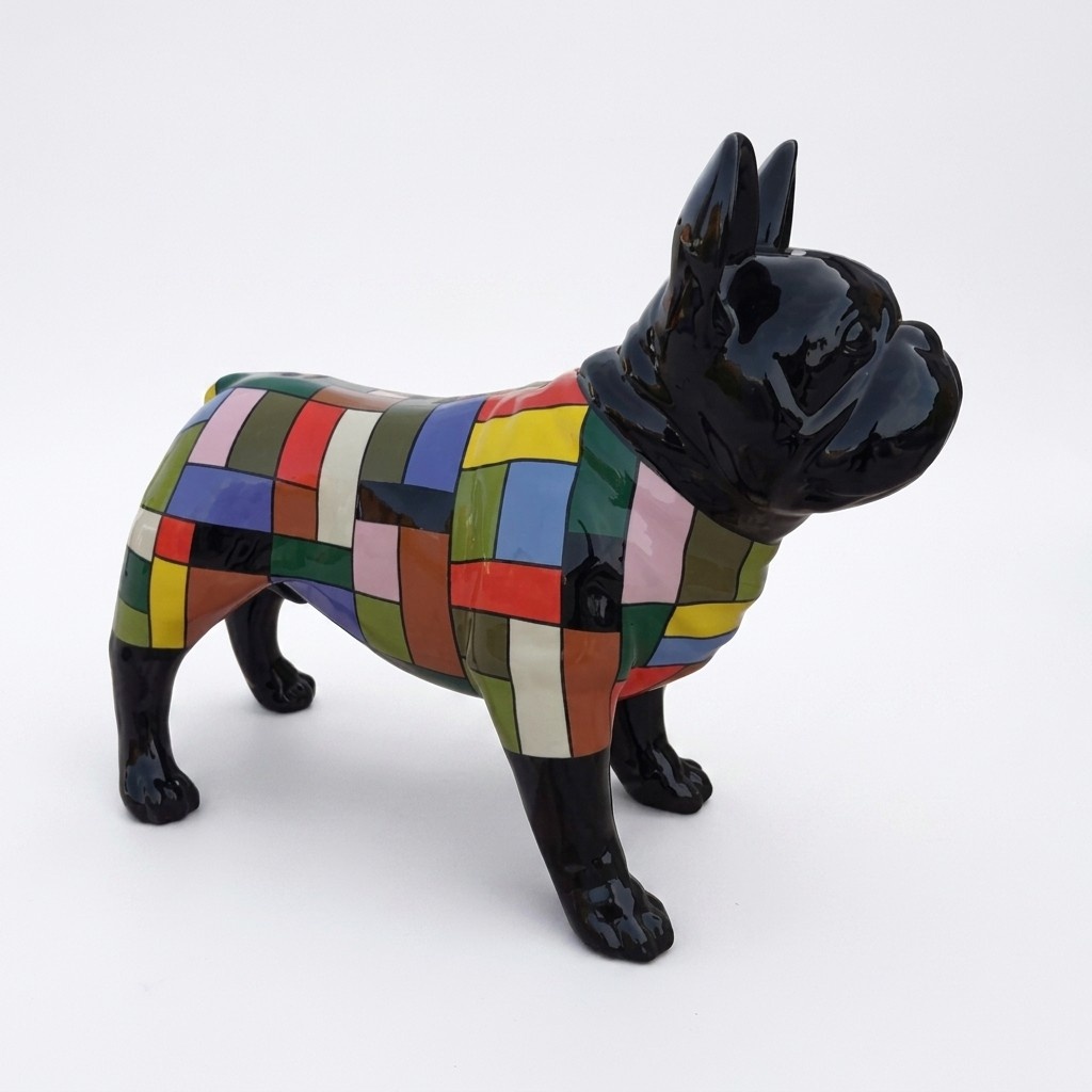 Decorative sculpture designed as a gloss standing black colored dog painted in colorful rectangular mosaic suit 75x100cm