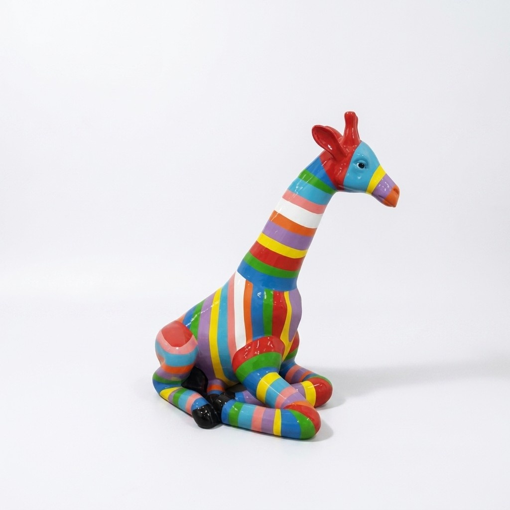 Decorative sculpture designed as a gloss sitting giraffe in colorful art stripes 80cm