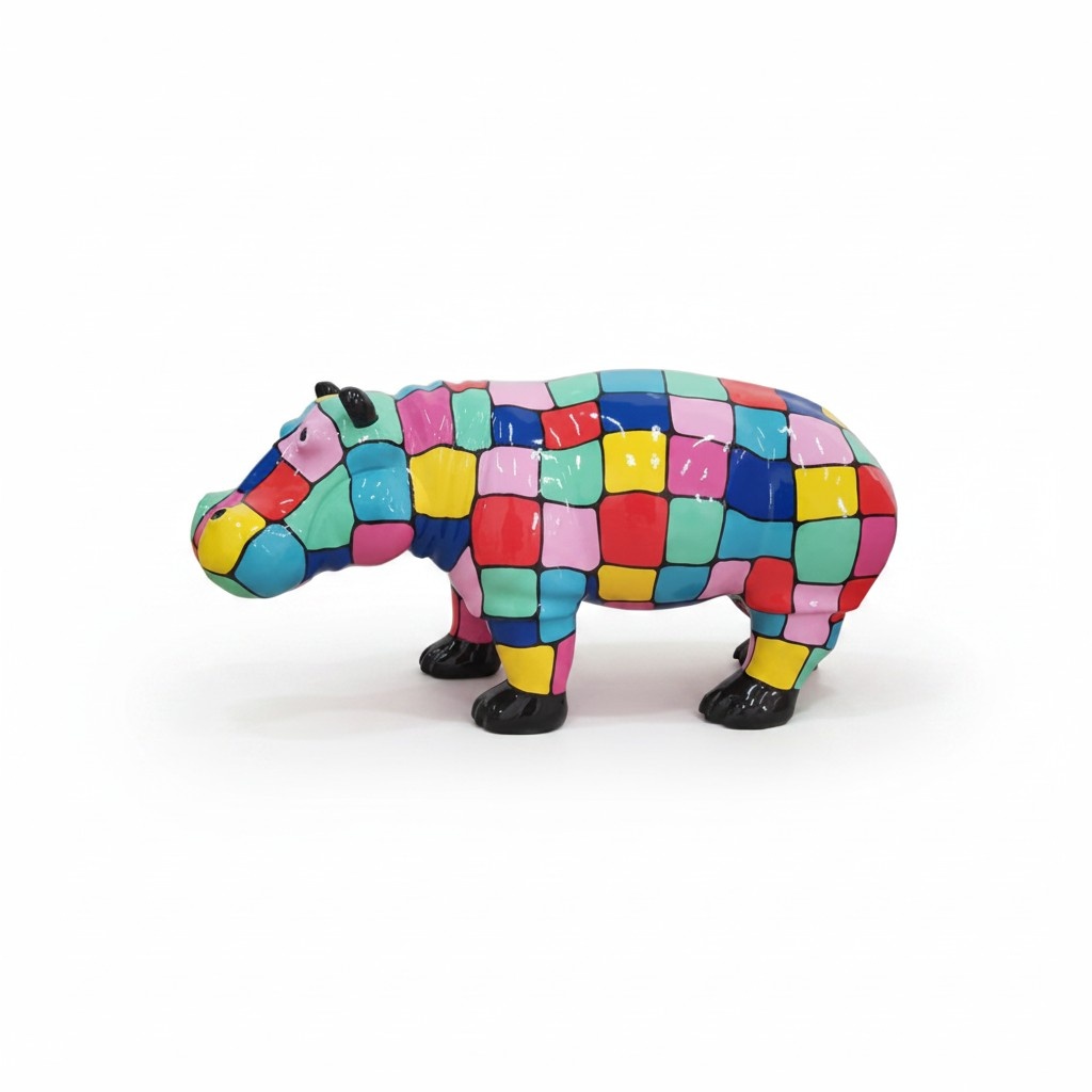 Decorative sculpture designed as a gloss hippopotamus in colorful mosaic patterns 45x100cm