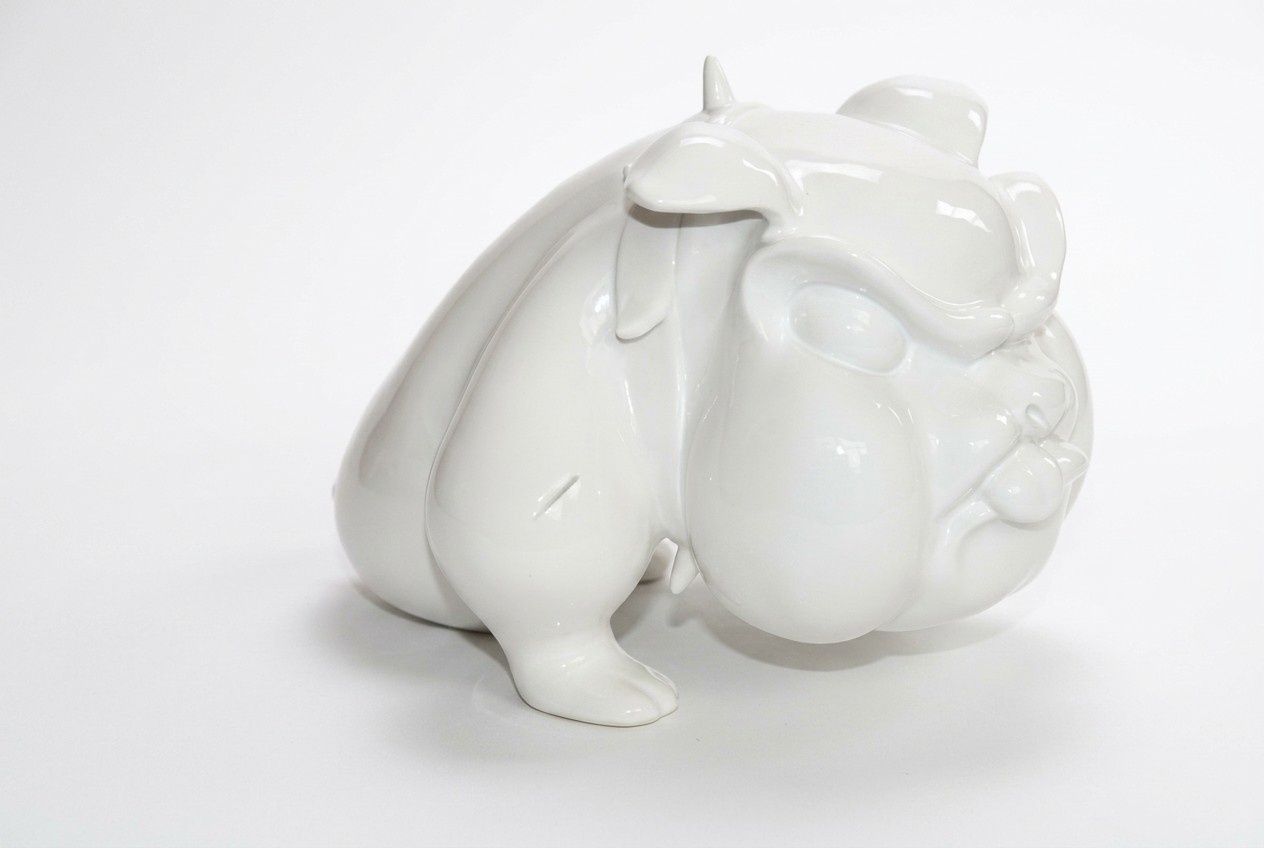 Decorative sculpture designed as full white colored gloss funny angry dog figure 23cm height