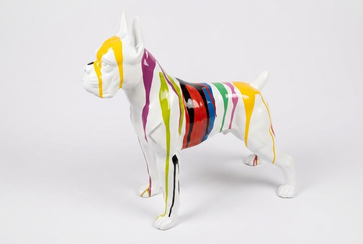 Decorative garden sculpture designed as full white colored dog figure with colorful stripes C753R