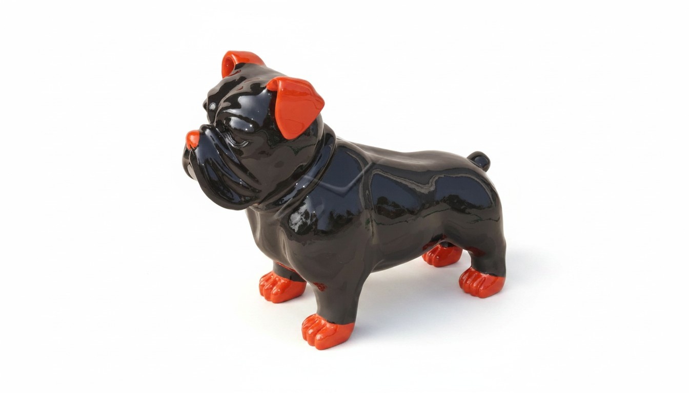 Abstract decorative garden sculpture designed as gloss black puppy figure with patterns c765r