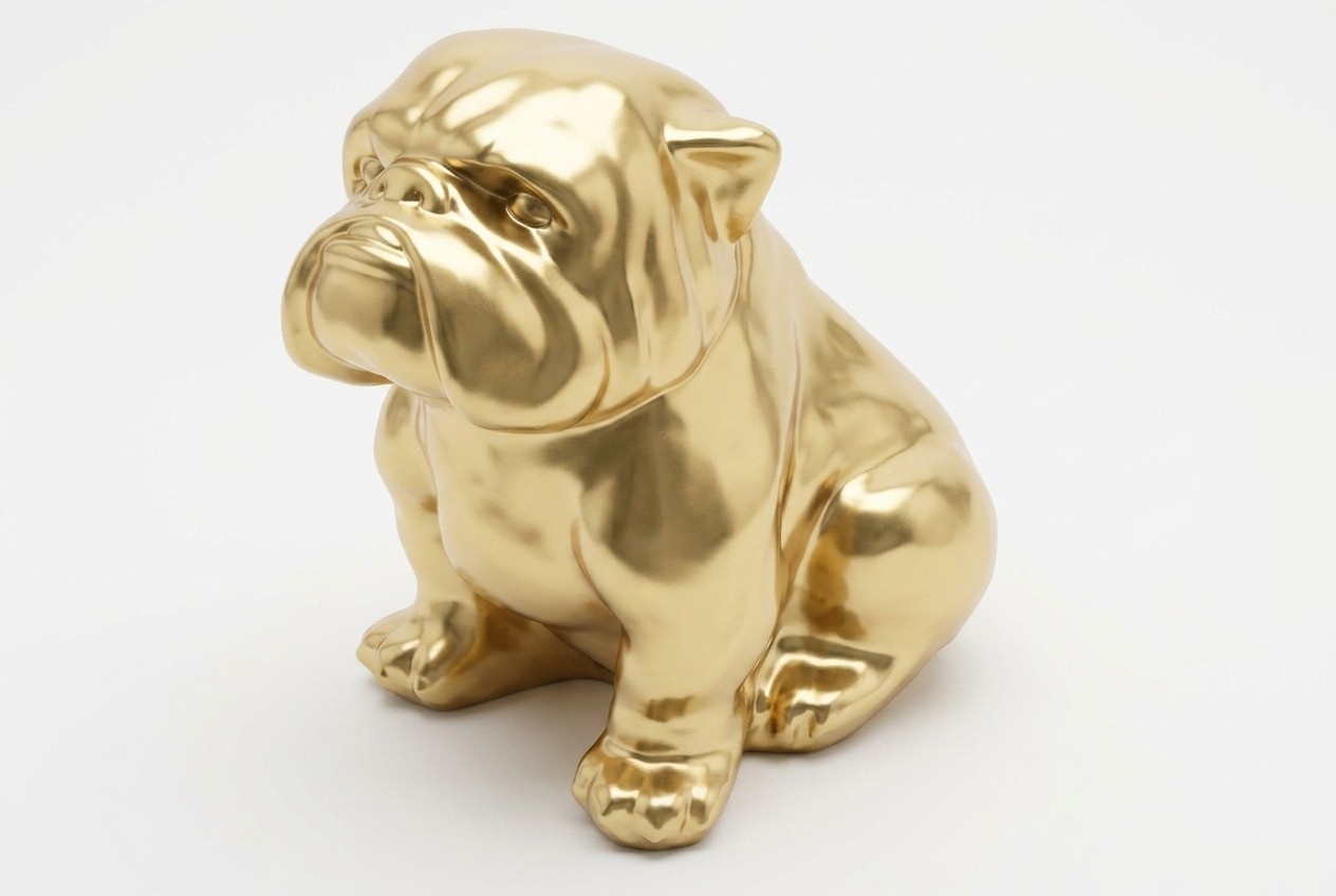 Golden colored decorative gloss sitting puppy sculpture 60cm height