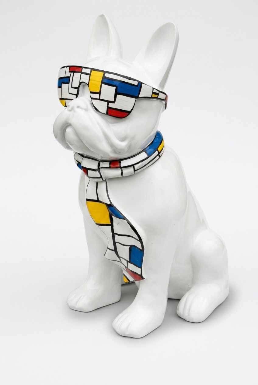 Decorative full white colored gloss puppy with multi colored scarf & glasses