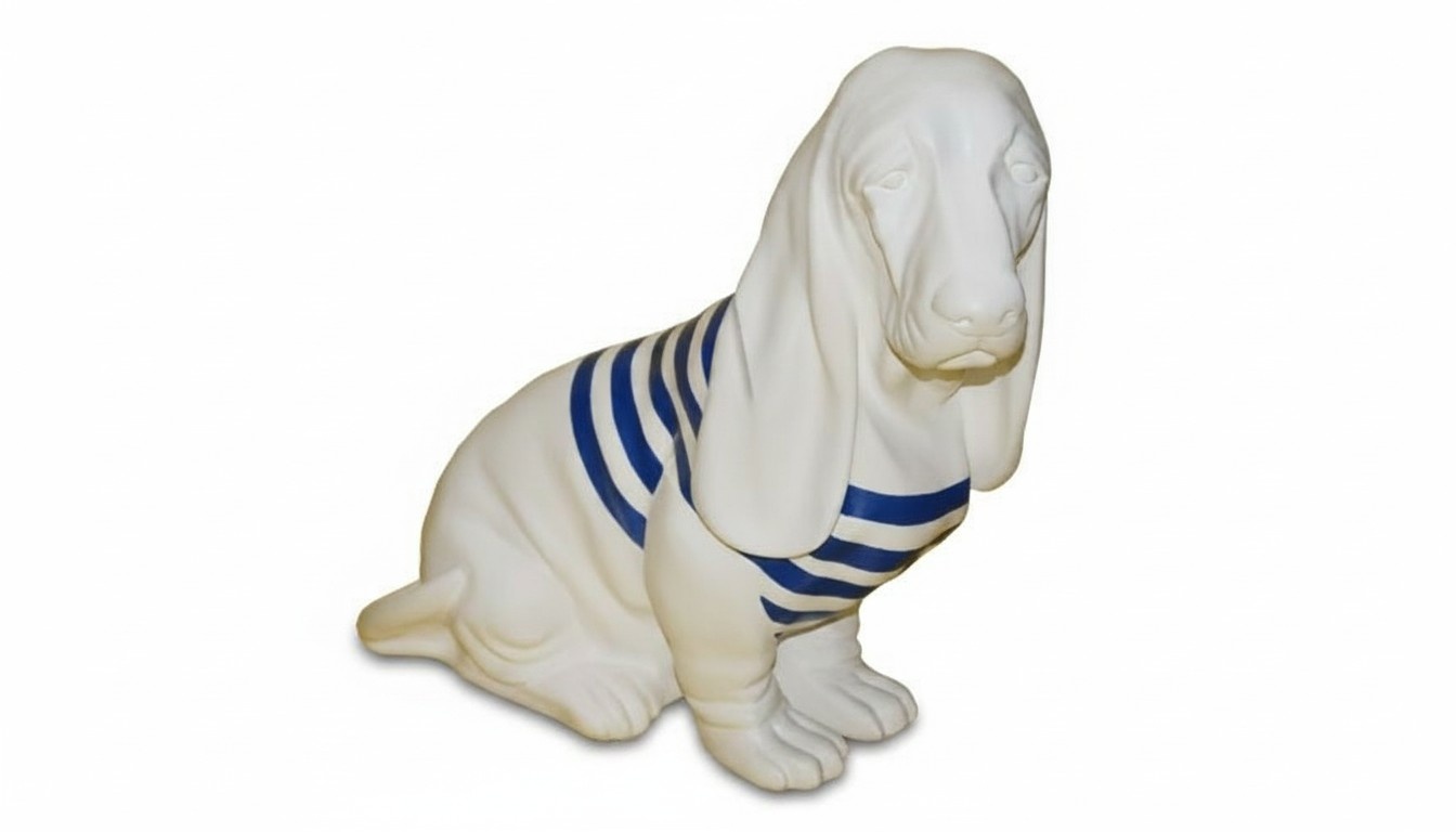 Decorative garden sculpture designed as full white colored dog figure with blue stripes