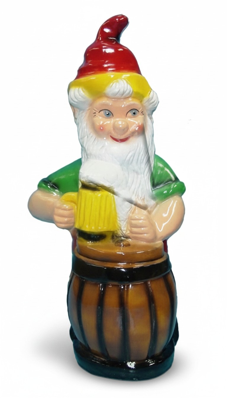 Decor sculpture designed as a colorful dwarf with a beer & wooden barrel 73cm
