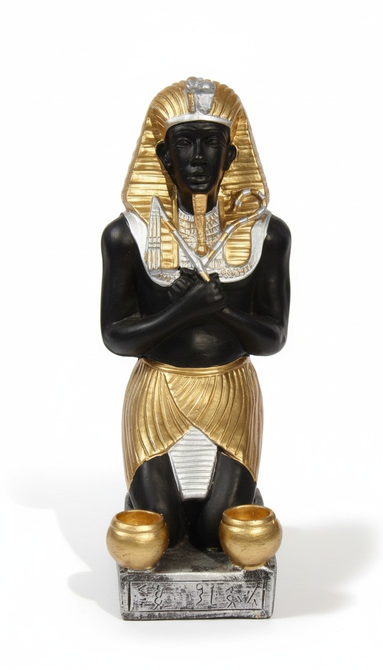 Black gold colored decor figure of an ancient egyptian pharaoh with two golden cups