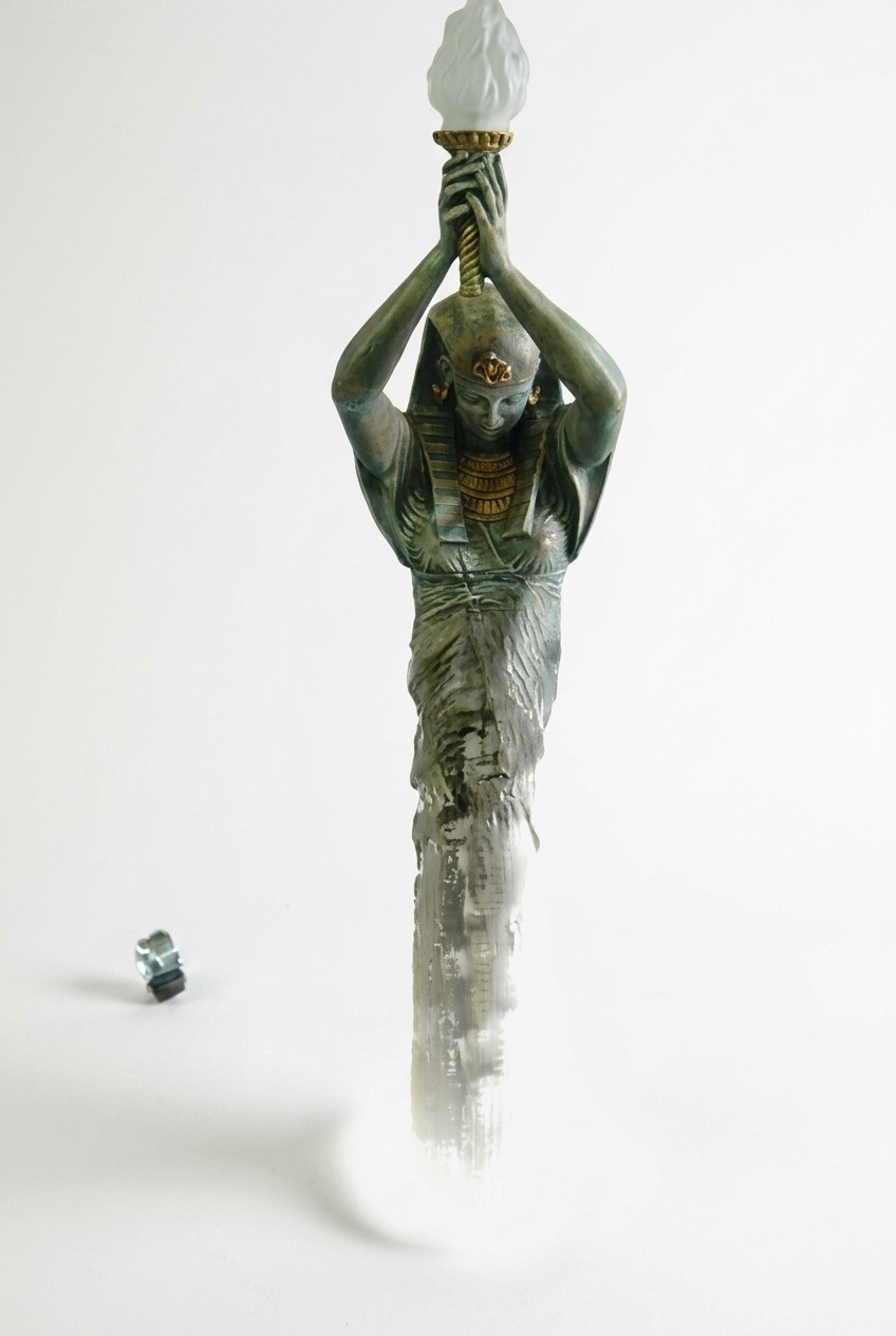 Deco light figure designed as an ancient egyptian lady with a lamp & two cats 180cm