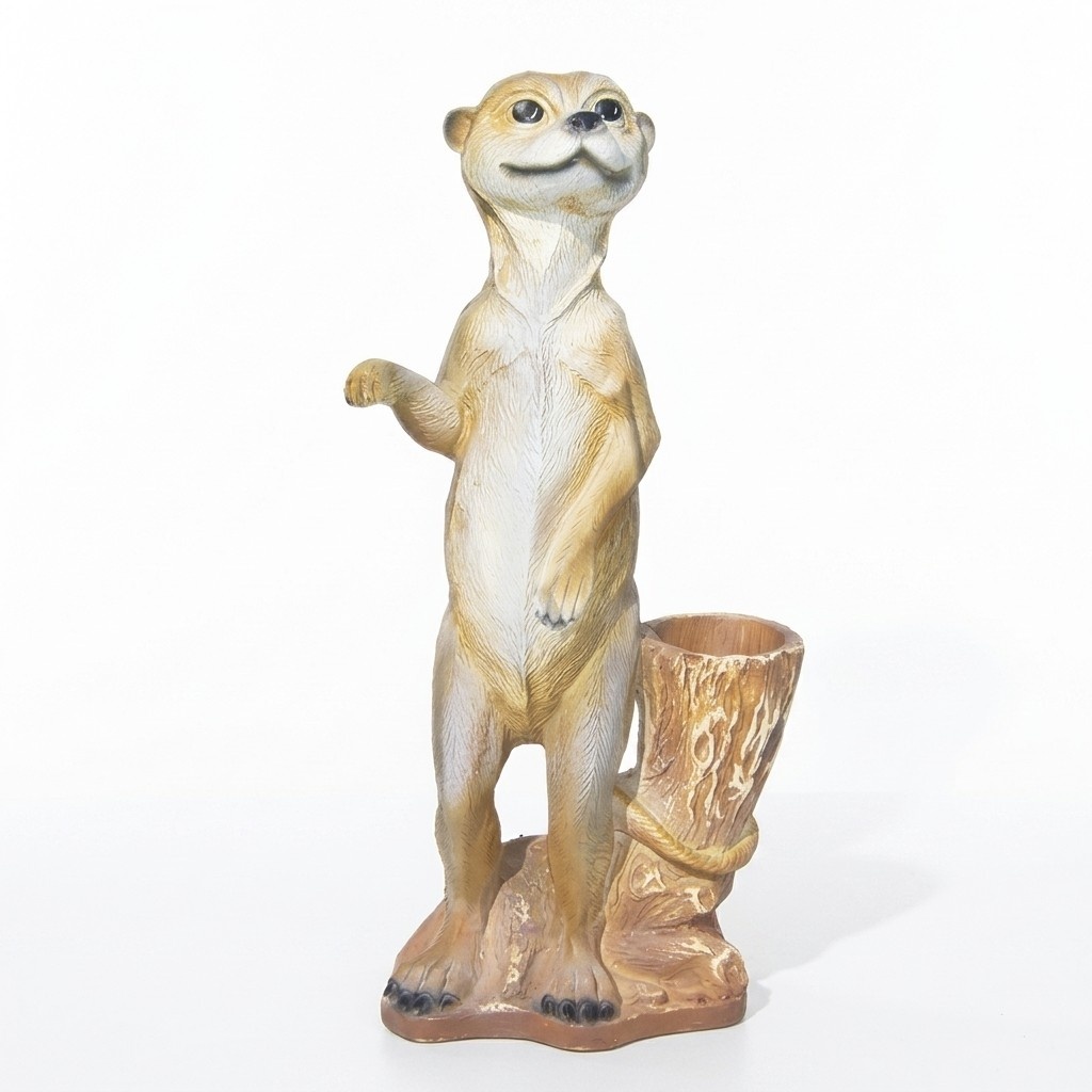 Decorative sculpture designed as a light beige colored opossum with a bowl