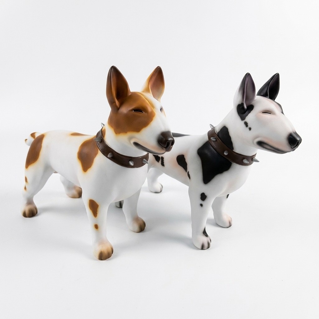 Motley white colored decorative garden sculpture designed as a matte bull terrier 85x116cm