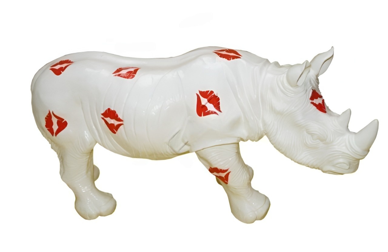Full white colored massive rhino figure with kisses patterns decorative sculpture