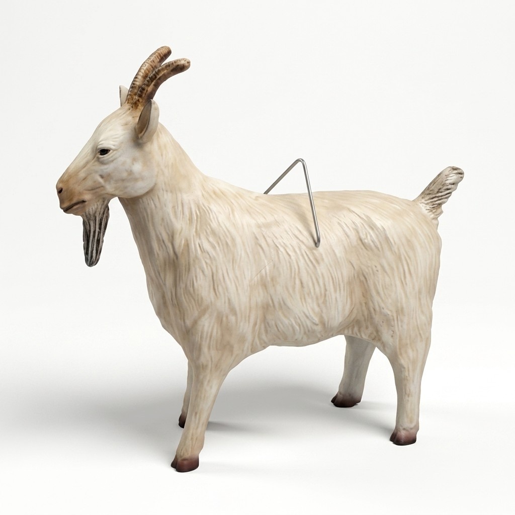 Decorative sculpture designed as motley white colored old standing goat