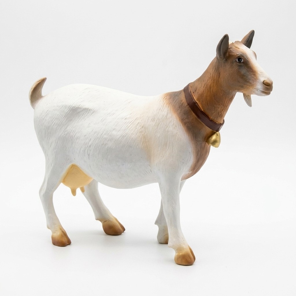 Decorative sculpture designed as motley brown white colored goat with a ring 45x51x18cm