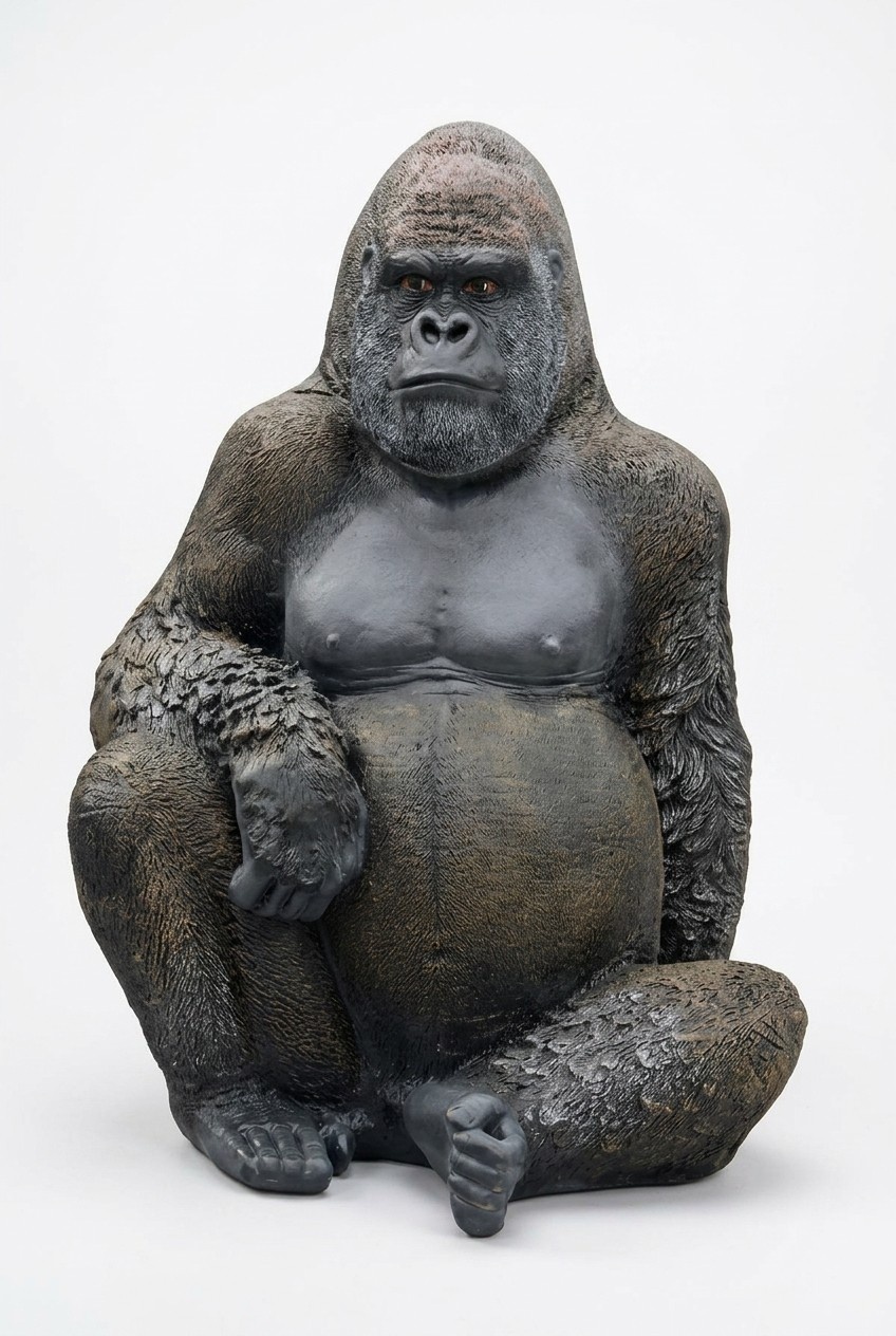 Motley black colored decorative garden massive sculpture of sitting gorilla 120x90cm