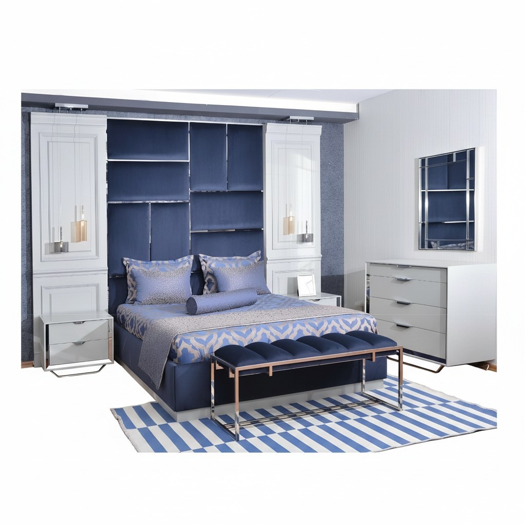 Design Group Bedroom Double Bed Bedside Tables Set 7 Pieces Blue