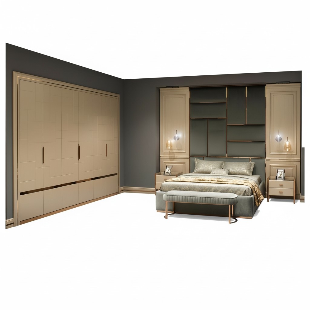 Design Group Bedroom Double Bed Bedside Tables Set 6 Pieces Beige