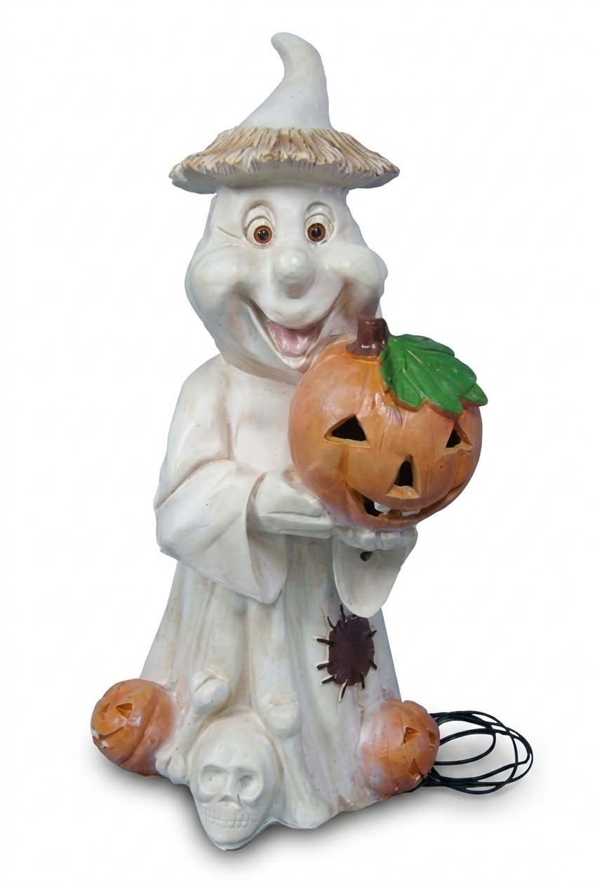 Decor lighting designed as a halloween white boogie figure with a orange pumpkin 75cm