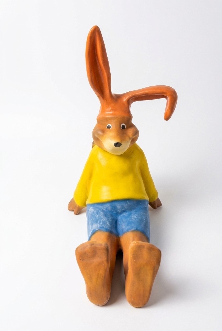 Light brown rabbit in yellow shirt & blue shorts with long ears sitting on a floor 53x42cm c458