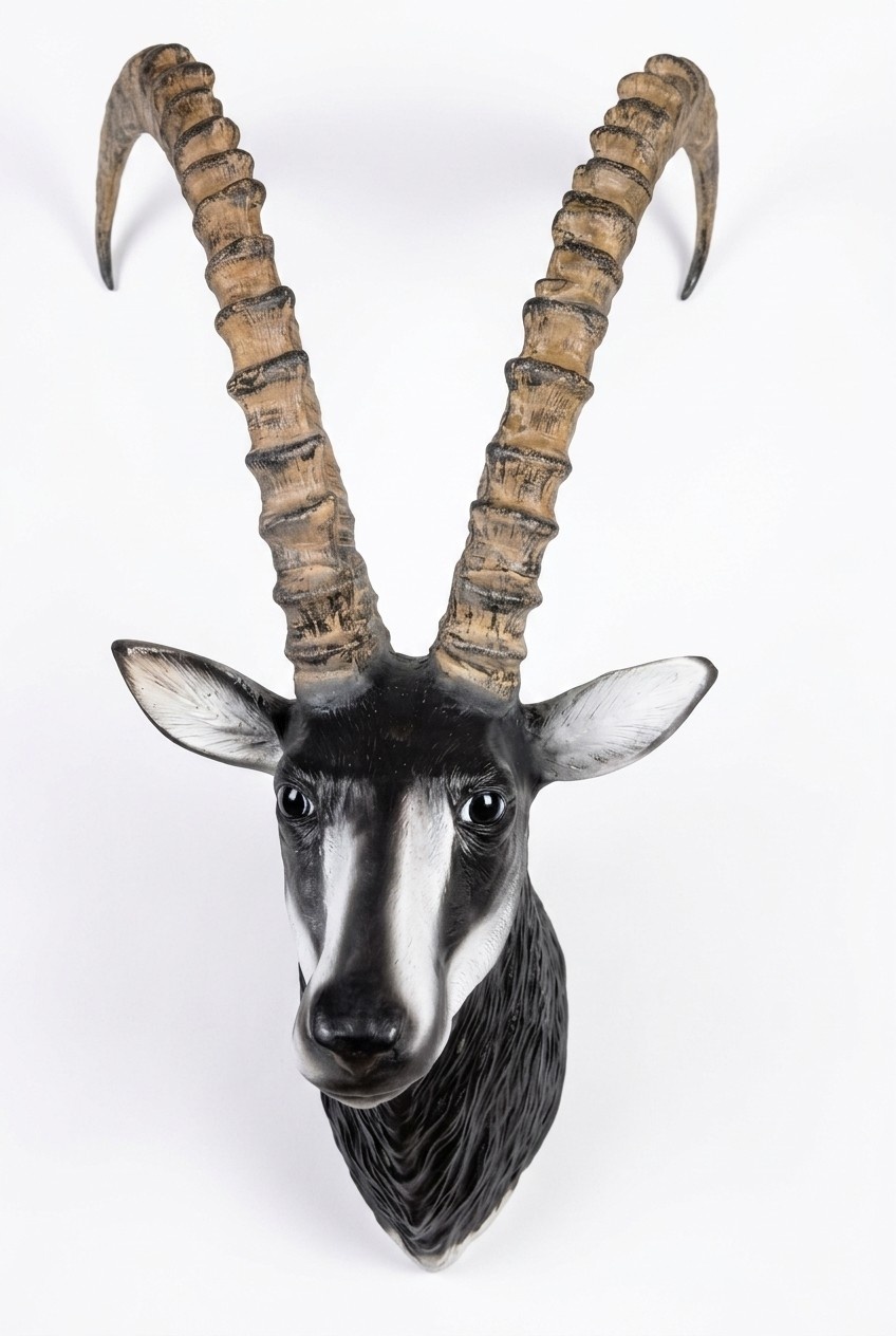 Decorative wall sculpture designed as an original colored motley black goat head with long horns 110x70x60cm