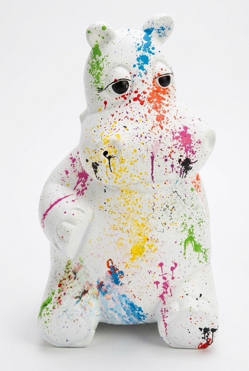Full white colored decorative gloss hippopotamus sculpture with colorful patterns 50 cm height