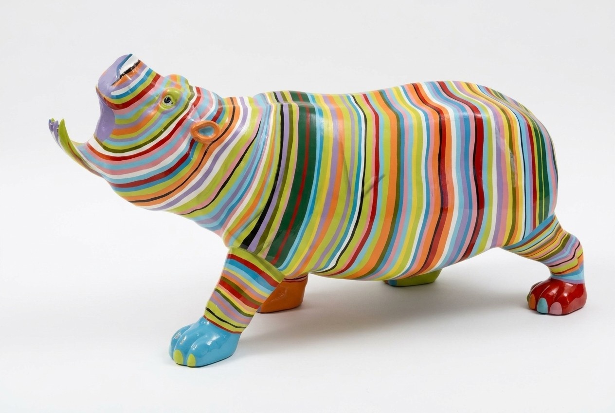Decorative gloss garden sculpture designed as shouting hippo in colorful stripes C589R