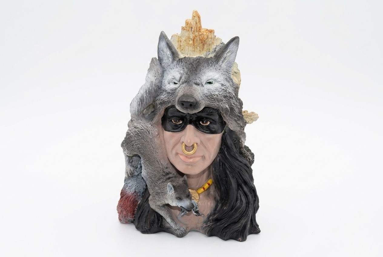 Decor figure designed as a red indians night wolf head on a wood 32x25cm