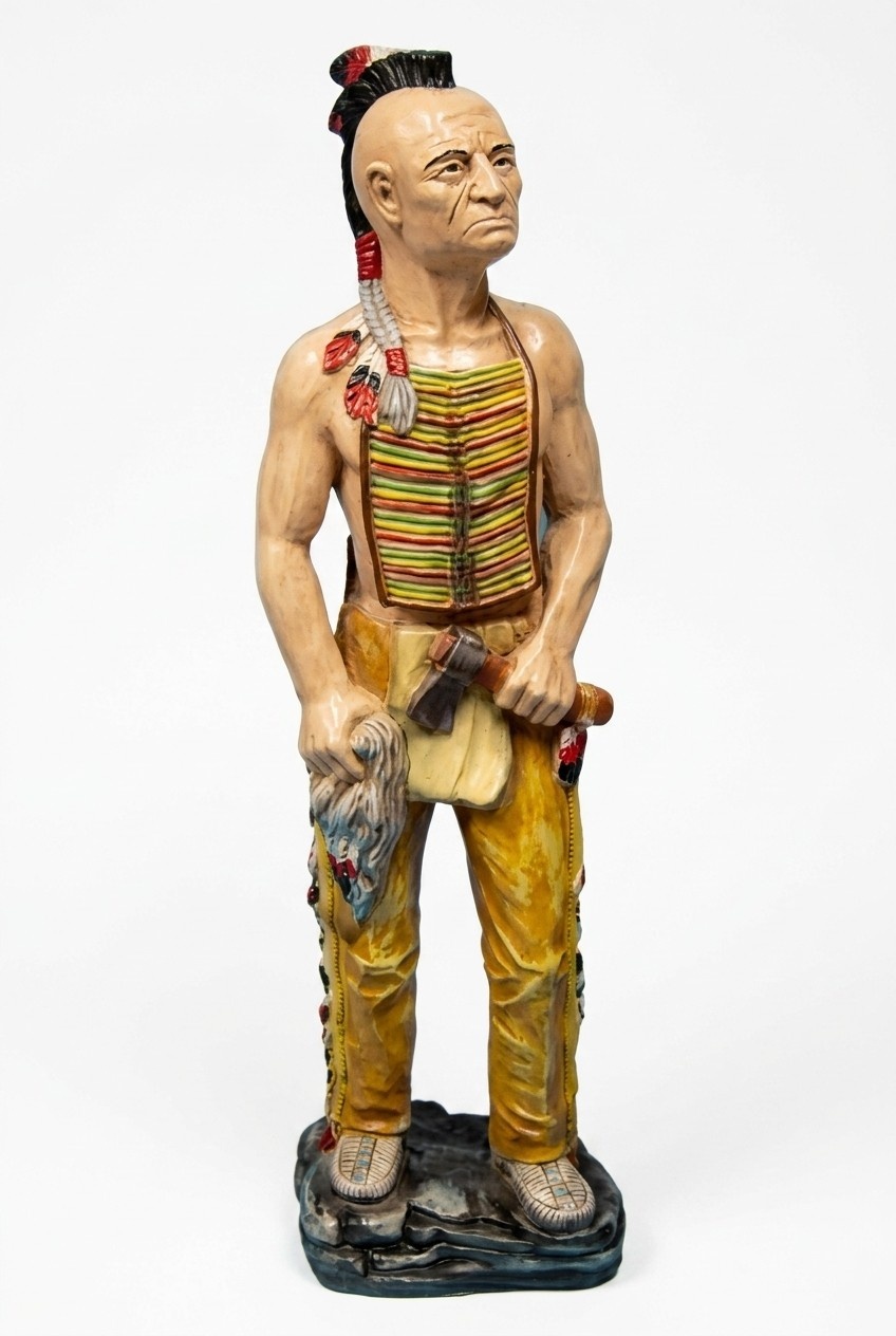 Red indian decor figure standing on a stone with axe & rope 95cm
