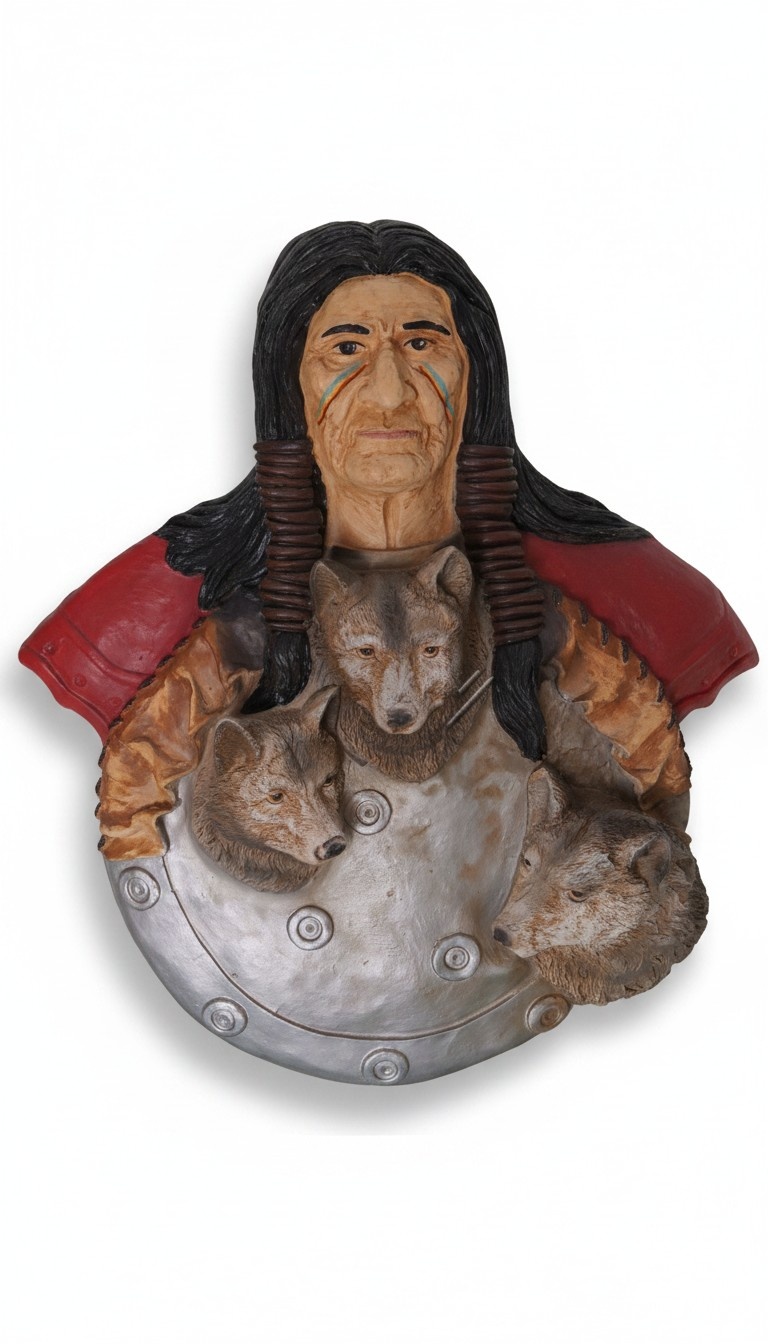 Red indian wall figure with a shield & wolves in an original colors 55x47cm