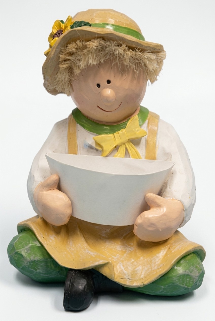 Deco flower vase designed as a looking down boy sitting with a bowl dressed in a green pants 41cm