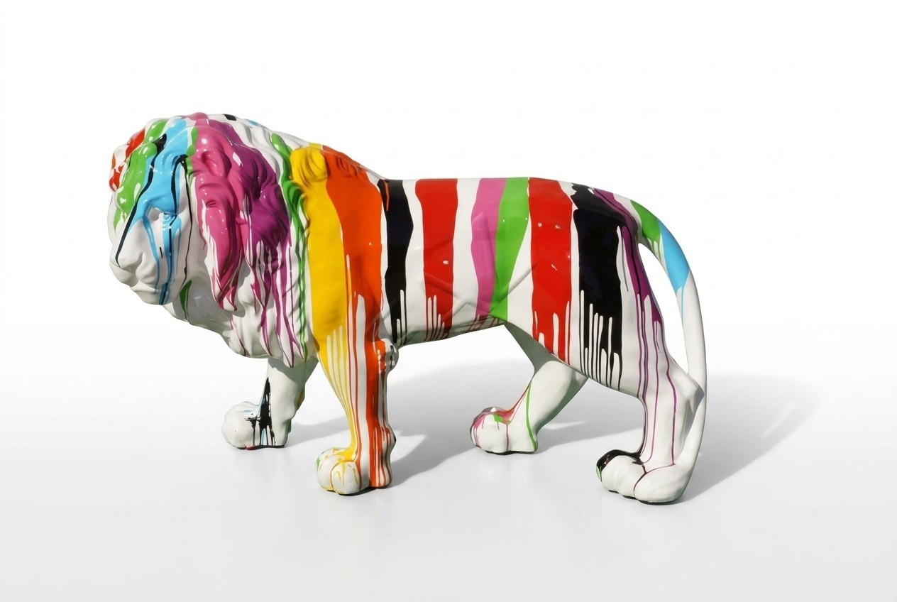 White decorative lion sculpture in colorful stripse painted 190cm length C588R