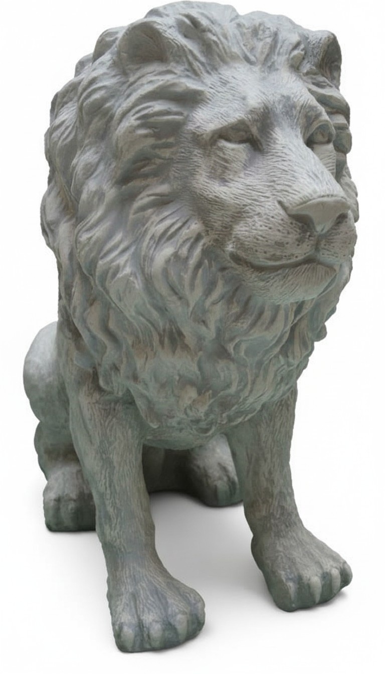 Dark grey colored decorative garden sculpture designed as a sitting lion 70x65cm