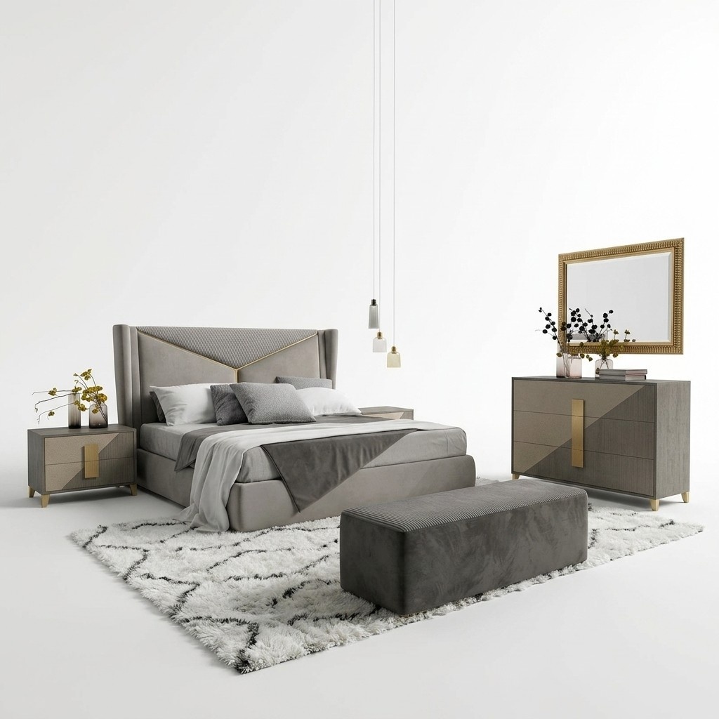 Design Luxury Bedroom Set Bed 2x Bedside Tables Dresser Set Beds Hotel Premium