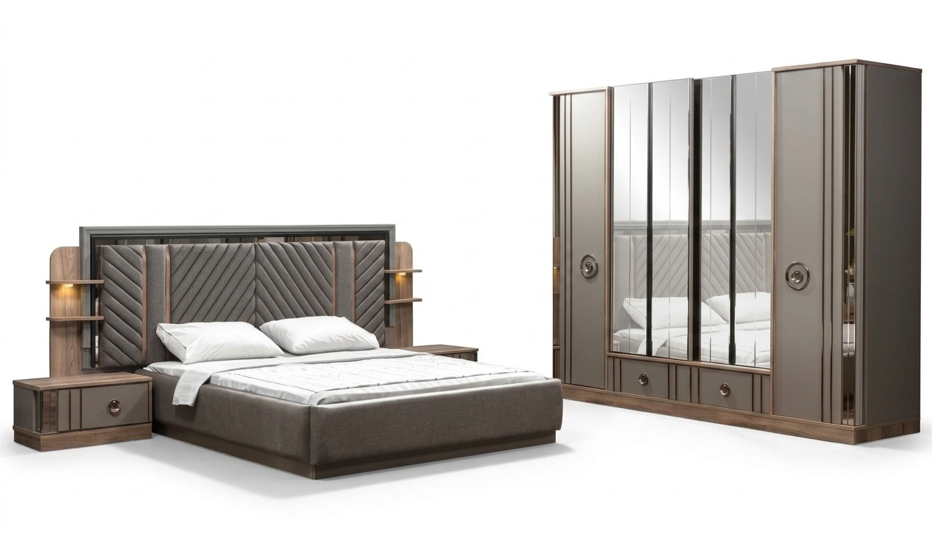 Design luxury furniture modern bed 2x bedside table wardrobe 4-piece bedroom set