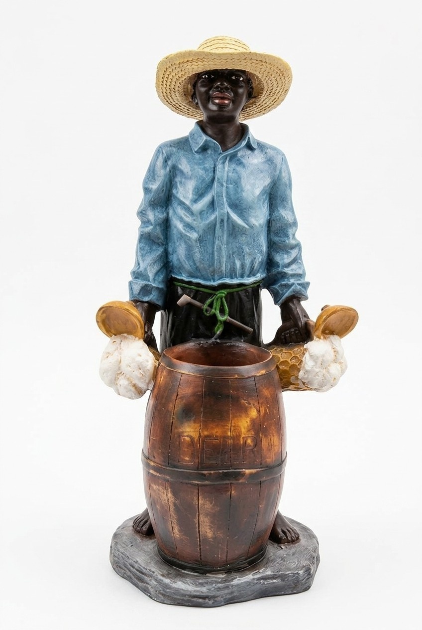Decorative sculpture designed as standing boy with beers & wooden barrel 100cm B188