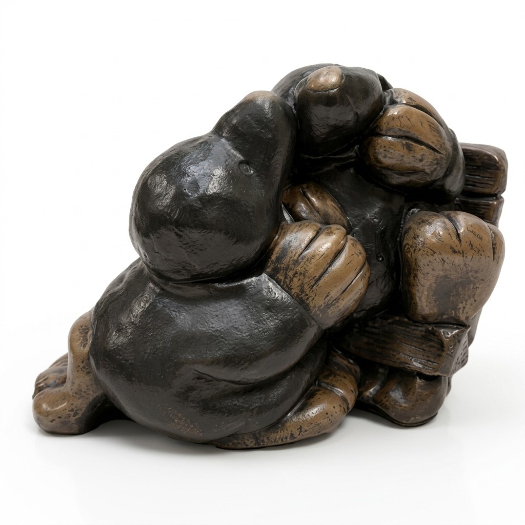 Full black colored decorative matte sculpture of two mole cubs 42x44cm c157