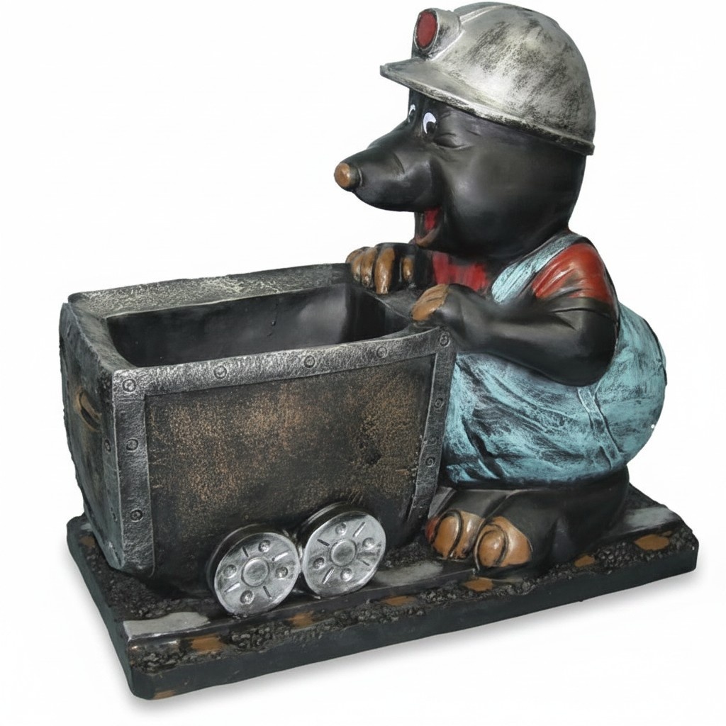 Black colored decorative sculpture designed as mole miner with a trolley 70x80cm C221