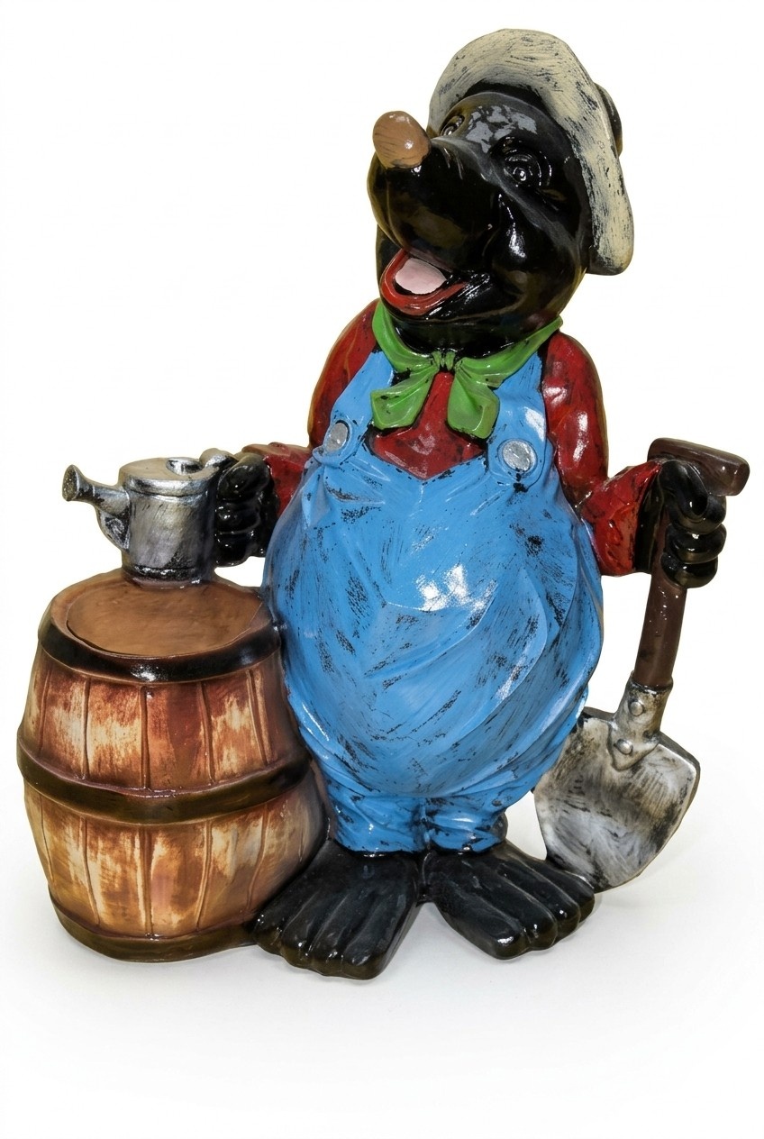 Decorative sculpture designed as gloss black colored mole with a watering can, barrel & shovel 78x61cm