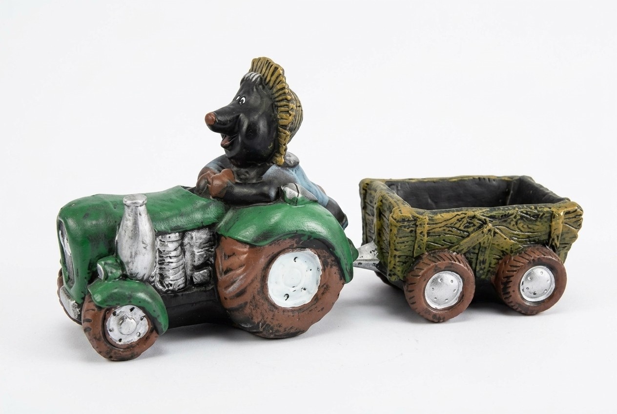 Decorative garden sculpture designed as mole on a tractor with a carriage 80cm height