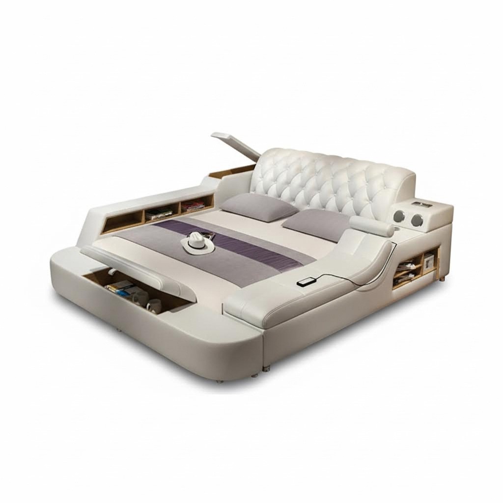 Design Multifunction Bed XXL Big Beds Leather Hotel Upholstery 150x200cm Shelf USB
