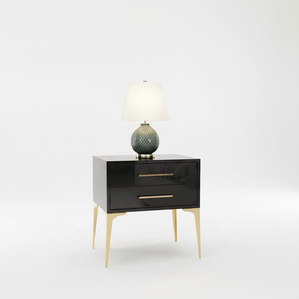 Modern style designer gloss bedside table made of real wooden & stainless steel frame with 2-sliding drawers