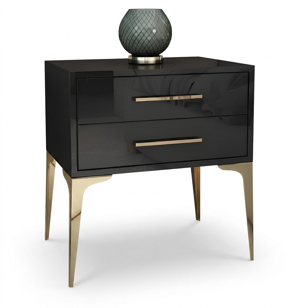 Modern style designer gloss bedside table with 2-sliding drawers made of wooden & stainless steel frame