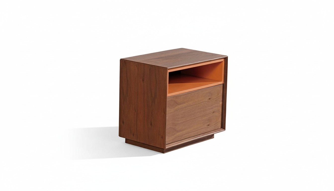 Designer bedside table in modern style with shelves & a swing door made of real wood