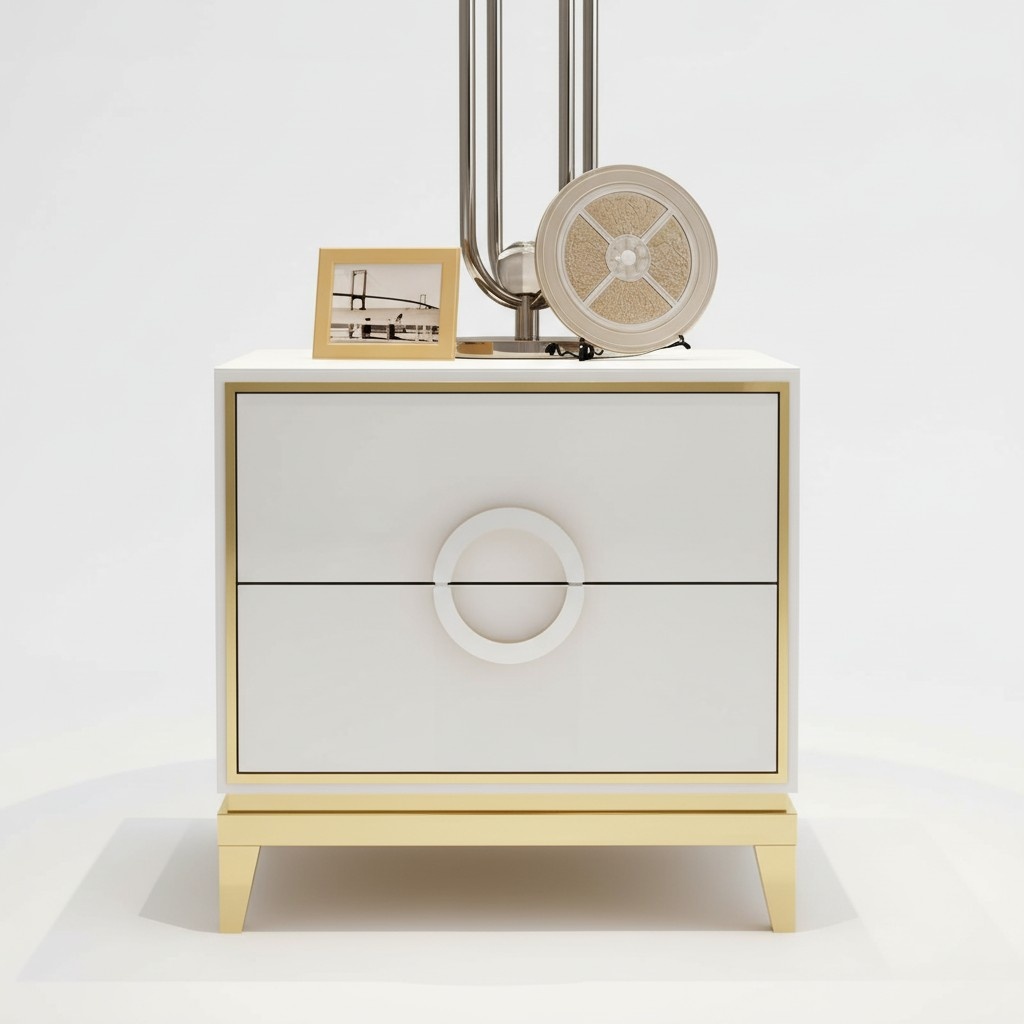 Modern style designer bedside table with 2-sliding drawers made of real wood & stainless steel