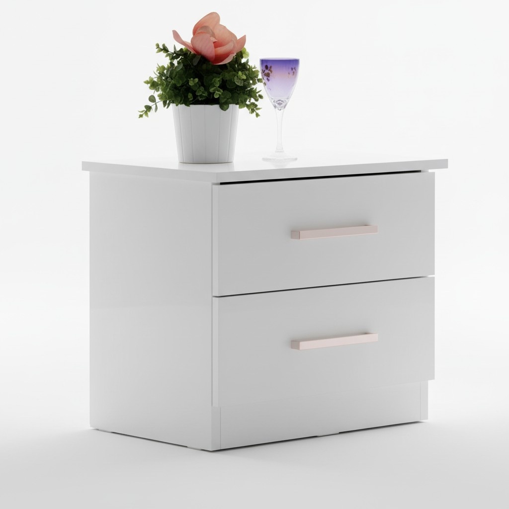 Modern style made of real wooden gloss bedside table with 2-sliding drawers shiny metall materials