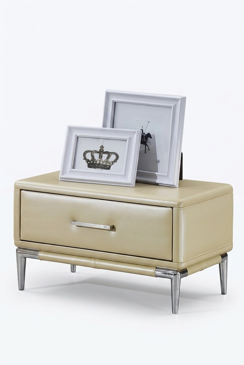 Leather upholstered designer bedside table in modern style made of real wooden & stainless steel with a sliding drawer